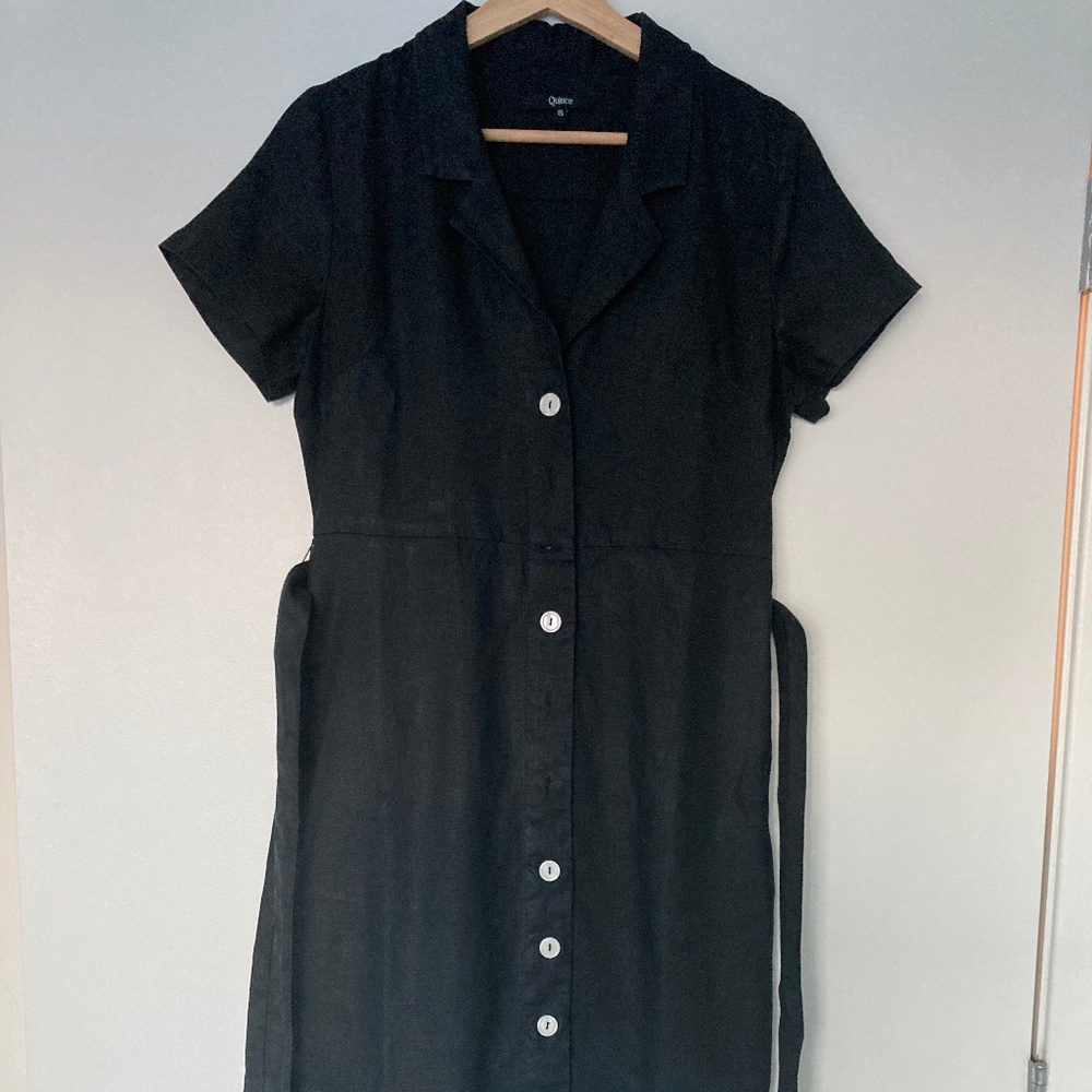 Quince Women's Black Linen Button Front Dress sz S Midi A-Line Belt Short Sleeve